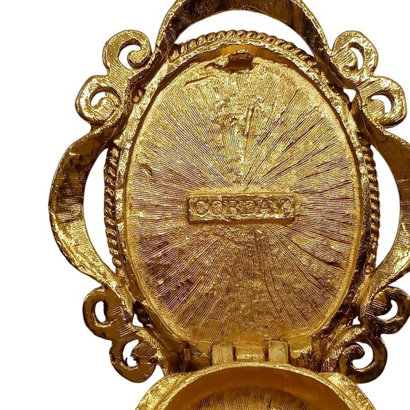 Vintage Corday Perfume Locket Gold Tone Floral Design Oval Shape Cabochon Design - Picture 6 of 6